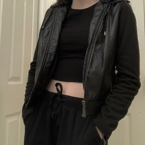 Faux, crushed leather hooded jacket